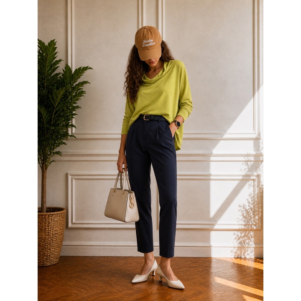 Cabi Chartreuse Green Cowl‎ Neck Long Sleeve Pullover Top XS Drop Shoulder Slub